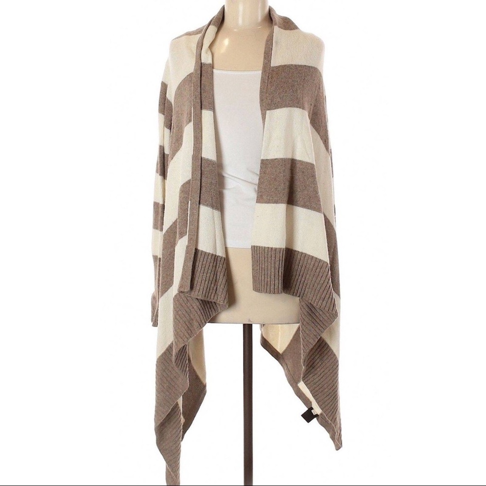 Beige and off white Striped Open Cardigan Sweater